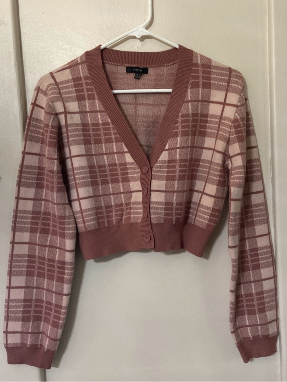 Love Tree Rose Pink Plaid Cropped V-Neck Cardigan